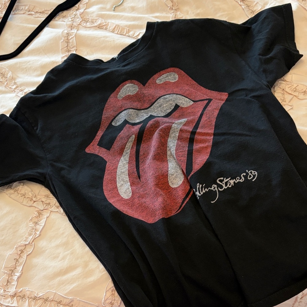 Brandy Melville Black Tee with Red & White Tongue Graphic